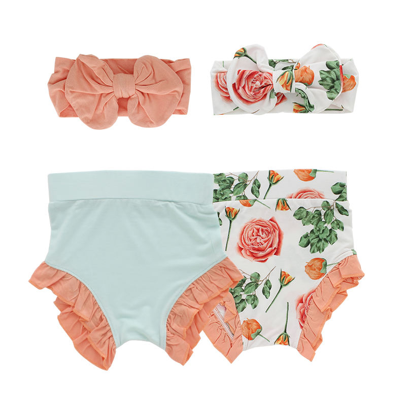 Bloomers estilo babado para meninas, com linda faixa de cabeça, estampa personalizada e design de cor sólida, shorts de verão para bebês