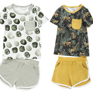 Clássico estilo bolso t camisa e shorts conjunto de roupas bambu elastano tecido algodão manga curta bebê meninas meninos roupas