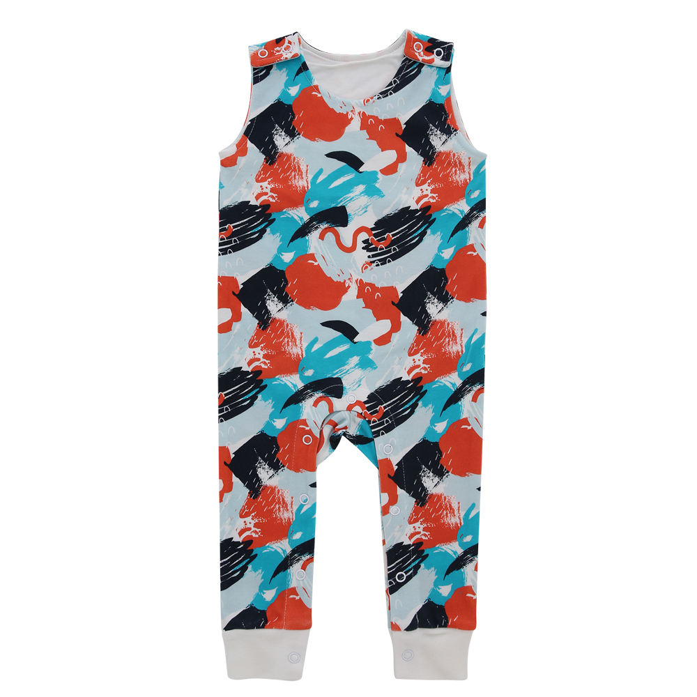 Estilo clássico roupas de bebê personalizar padrão de cor verão sem mangas suspender botão design menina meninos bebê macacão conjunto