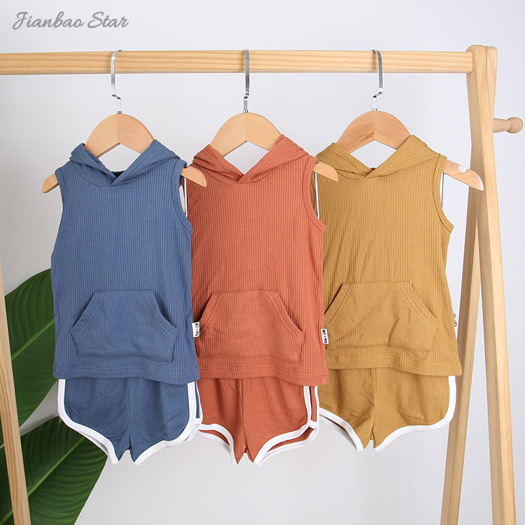Venda superior de alta qualidade confortável 100% algodão verão casual sem mangas com chapéu e bolso terno conjunto unisex roupas bebê