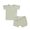 Conjunto de 2 peças de roupas de verão unissex de bambu com nervuras para a pele, mangas curtas, shorts, roupas de verão para bebês e crianças