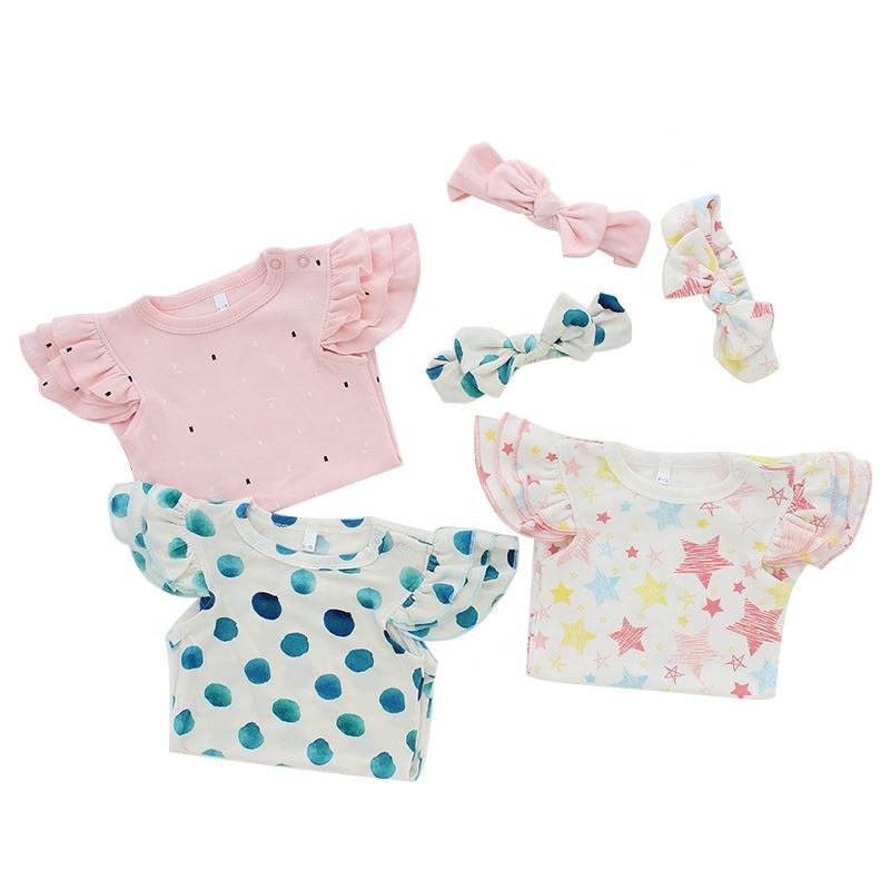 Crianças roupas de bebê conjunto curto babados manga bebê menina macacão oem verão causal crianças ternos do bebê com linda bandana