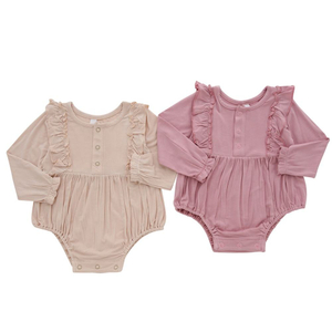 Adorável bebê meninas babados macacão atacado personalizado bebê velo roupas outono algodão de bambu macio crianças macacão