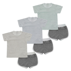 Conjuntos de roupas para bebês, 100% algodão, malha, manga curta, tops e shorts, 2 peças, roupas de verão para bebês com design de bolsos