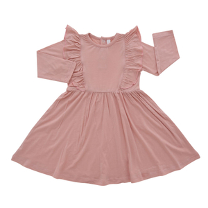 A última cor sólida 100% algodão mangas compridas estilo babado vestidos de menina bebê vestido de roupas infantis