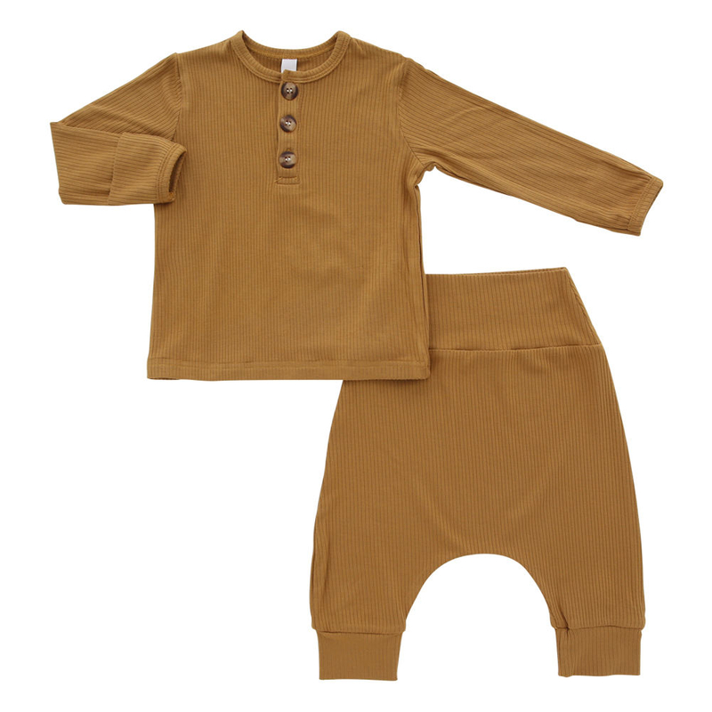 Clássico cor sólida personalizar impressão roupas de bebê adorável 2 peças manga longa pjs 100% algodão tecido bambu conjunto macacão do bebê