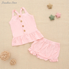 Conjunto de roupas de verão para meninas, novo e quente, com alça de ombro, tops e lindos shorts com babados, roupas de bebê de malha de bambu