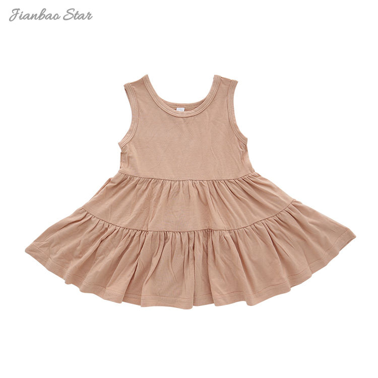 Tecido de bambu cor lisa sem mangas mangas curtas e mangas compridas Uma série de bebês meninas vestido infantil estilo babado