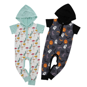 Verão tecido de bambu impresso unisex macio bebê macacão personalizado manga curta meninas meninos roupas com chapéu roupas de bebê