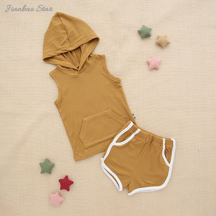 Novo design roupas cores sólidas de alta qualidade conjunto roupas bebê com nervuras bambu sem mangas unisex hoodies e calças curtas