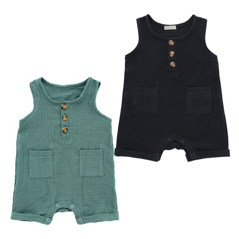 Atacado roupas de bebê personalizar padrão de cor verão sem mangas suspender botão design menina meninos bebê macacão conjunto