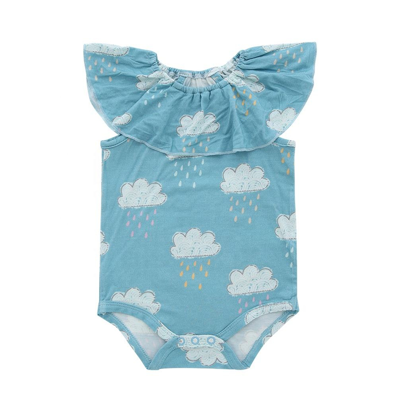Doce estilo sem mangas bebê meninas macacão verão babado gola redonda terno do bebê roupas de fibra de bambu e elastano
