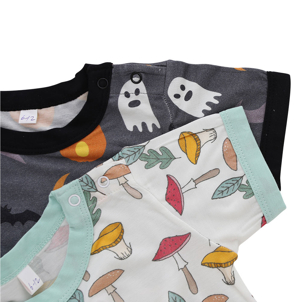 Recém chegados venda quente personalizado atacado moda 100% algodão halloween botões padrão de malha manga curta macacão do bebê