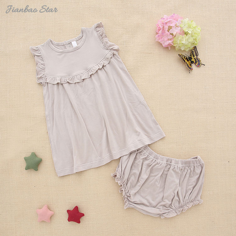 Novo lançamento estilo babado vestido de bebê conjunto com roupa interior verão meninas roupas de bambu elastano algodão saída conjunto de roupas de bebê