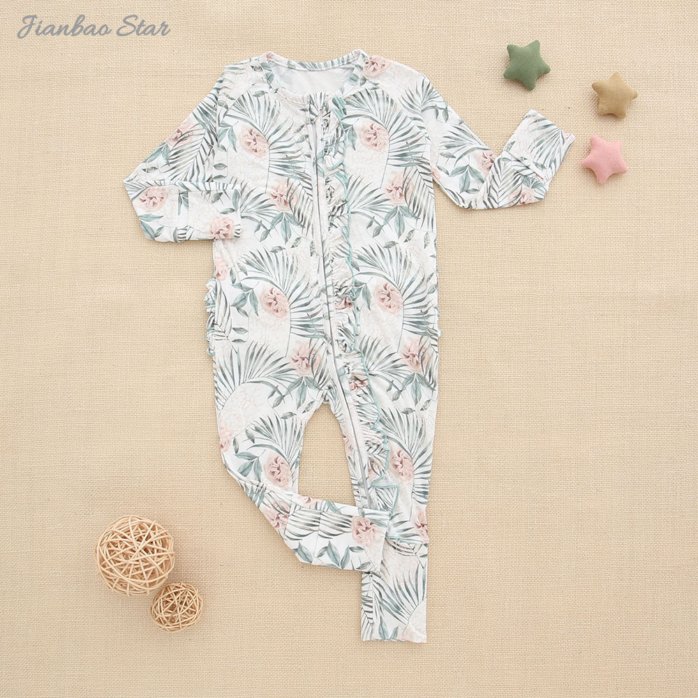 Novas vendas quentes roupas de bambu impressão personalizada pijamas infantis macio respirável roupas de bebê com zíper plissado macacão de bebê