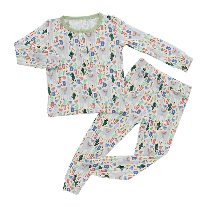 Atacado conjunto de pijamas para bebês recém-nascidos, manga longa, malha de algodão de bambu, meninos e meninas, conjunto personalizado, estampa personalizada, 2 peças, pijamas