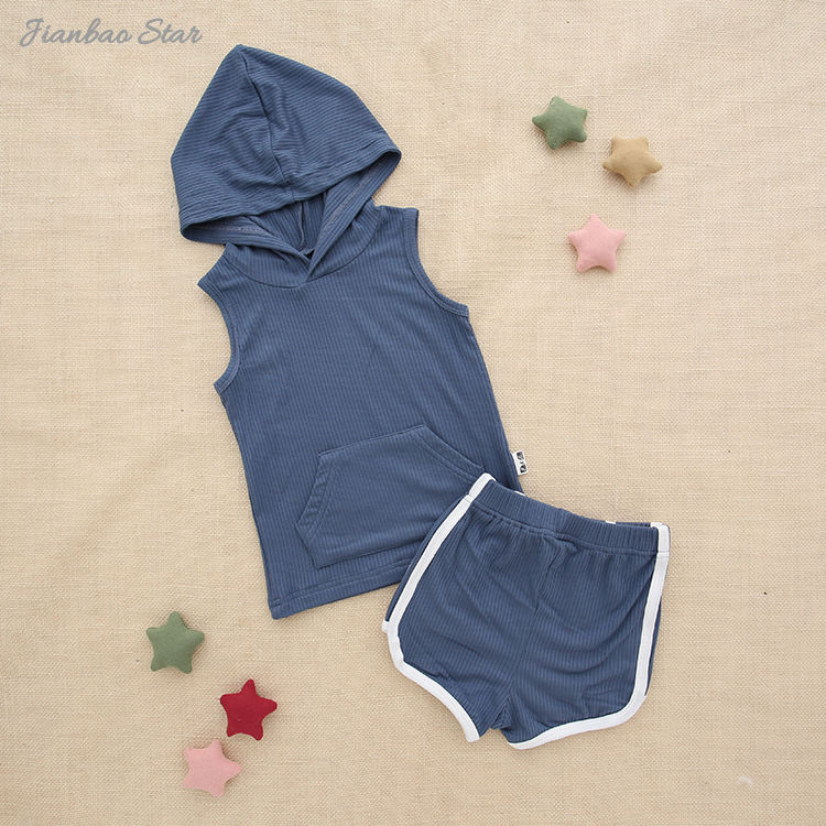 Venda superior de alta qualidade confortável 100% algodão verão casual sem mangas com chapéu e bolso terno conjunto unisex roupas bebê
