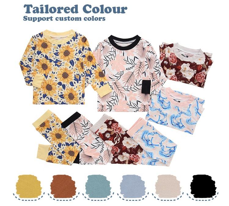 Conjunto de pijamas para bebês com designs impressos personalizados, bambu/algodão, roupas infantis, fábrica, ecológico, 2 peças, manga comprida, conjunto casual para bebês