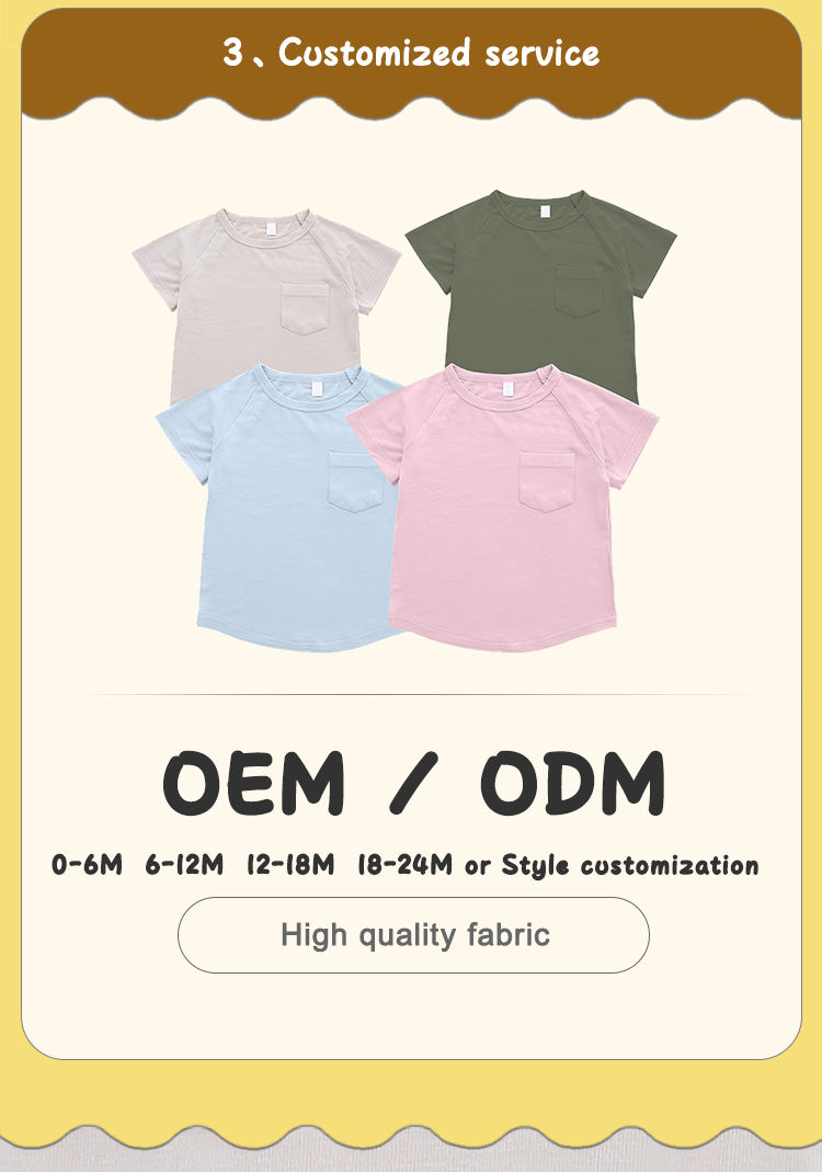 Atacado bebê recém-nascido 0-2 anos verão tops cor sólida com um pequeno design de bolso camiseta infantil para meninos e meninas