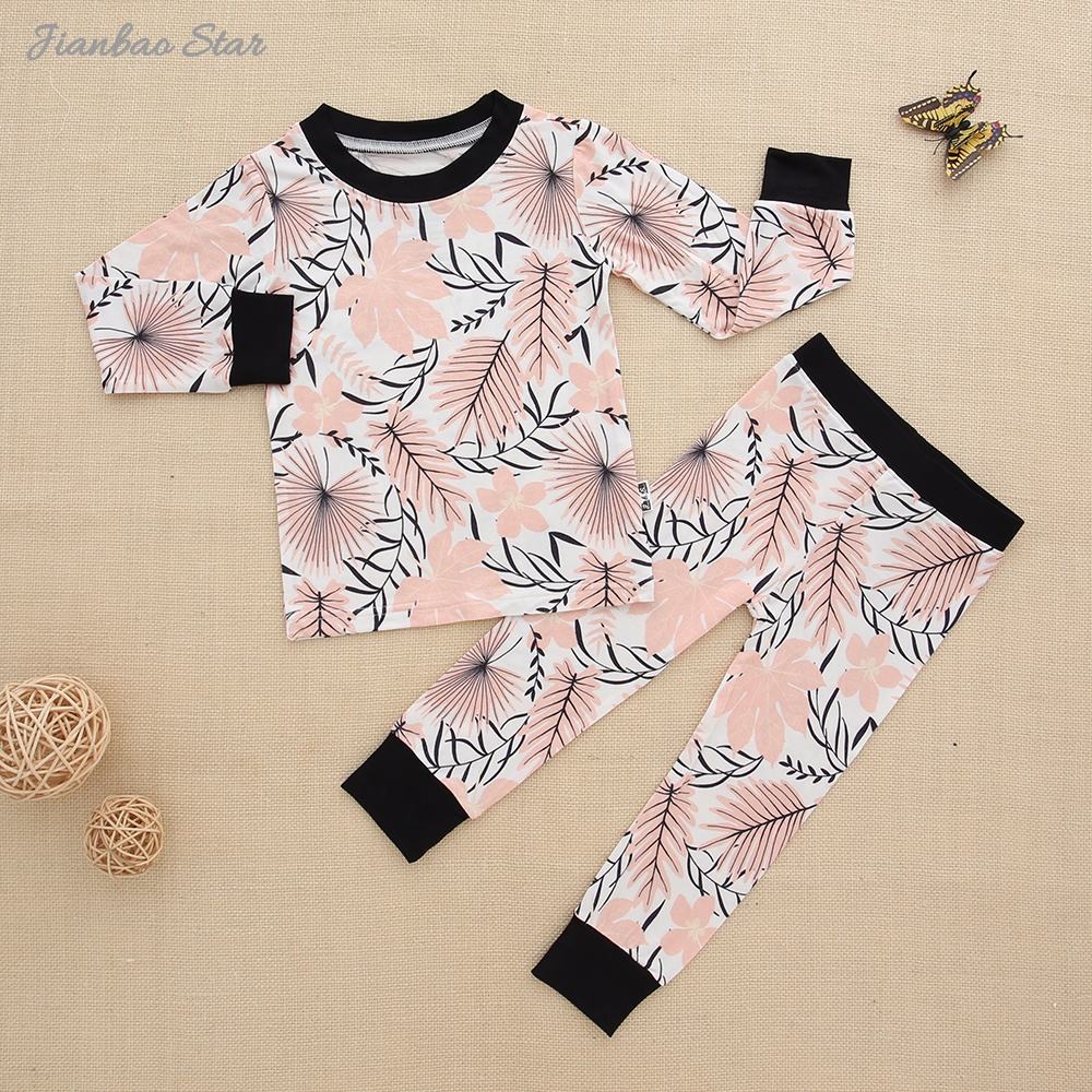 Nova impressão do bebê meninos menina ternos conjunto de bambu macio pijamas do bebê conjunto eco amigável 2 pçs manga longa casual conjunto de roupas do bebê