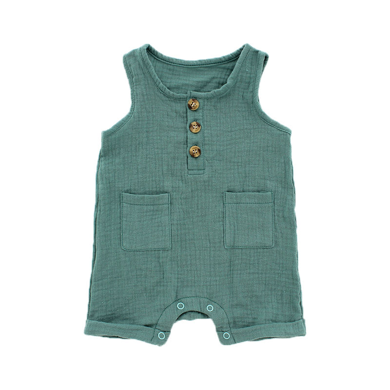 Confortável bambu malha sem mangas verão unisex botão de madeira abertura bebê menino macacão conjunto macacão