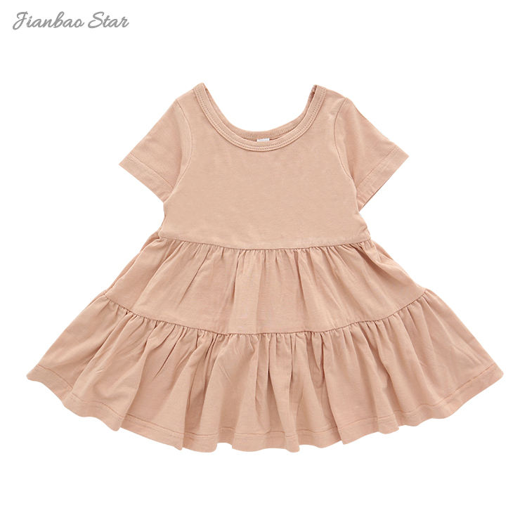 Tecido de bambu cor lisa sem mangas mangas curtas e mangas compridas Uma série de bebês meninas vestido infantil estilo babado