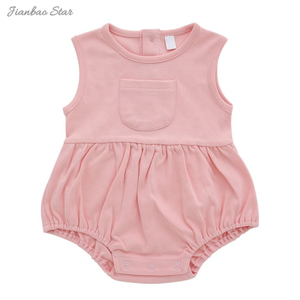 Cor sólida com botão de madeira novo estilo macacão da menina do bebê recém-nascido macacão de verão roupas do bebê onesie