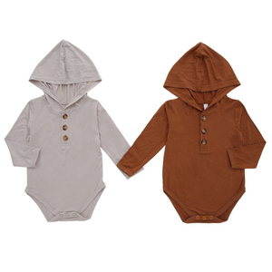 Mais recente design manga longa macacão de algodão de bambu adorável macacão de bebê com chapéu de coelho estilo cor sólida roupas de bebê