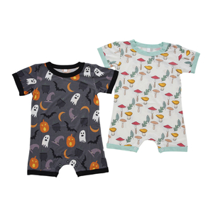 Recém chegados venda quente personalizado atacado moda 100% algodão halloween botões padrão de malha manga curta macacão do bebê