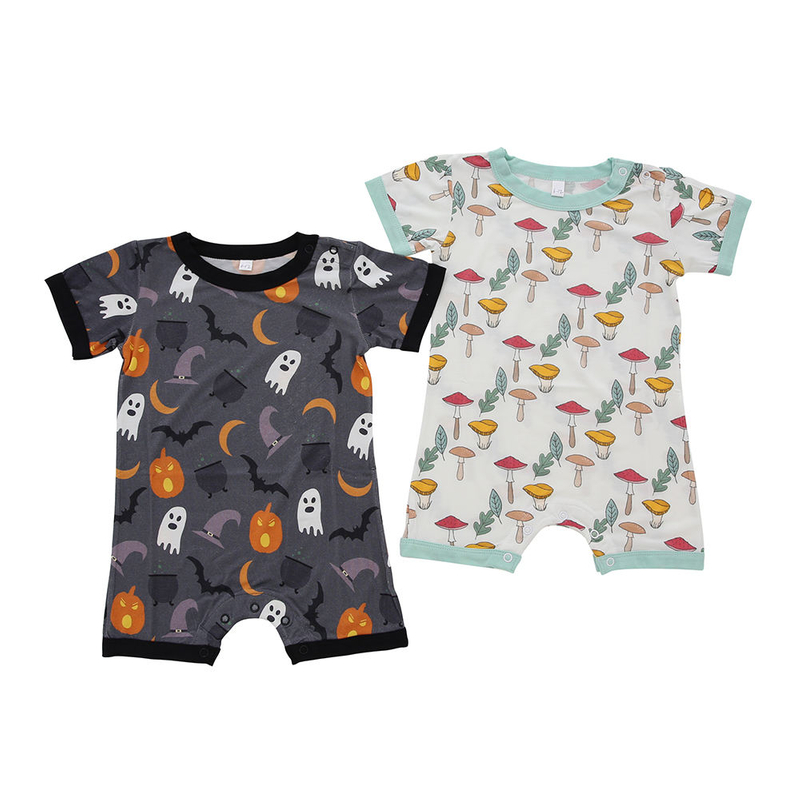 Recém chegados venda quente personalizado atacado moda 100% algodão halloween botões padrão de malha manga curta macacão do bebê