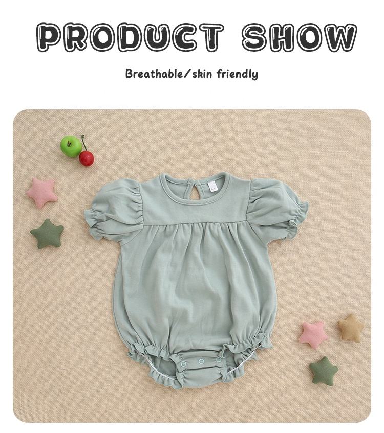 Moda atacado infantil roupas da menina do bebê verão de bambu algodão plissado manga macacão cor sólida vestido bodysuit roupas