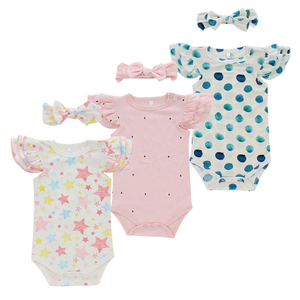 Crianças roupas de bebê conjunto curto babados manga bebê menina macacão oem verão causal crianças ternos do bebê com linda bandana
