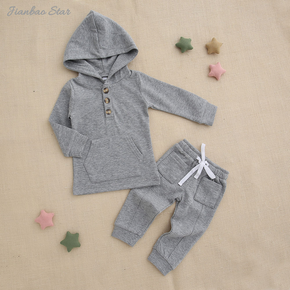 Clássico cinza atacado primavera outono cor sólida manga longa com capuz e calça unissex bebê duas peças conjunto de roupas