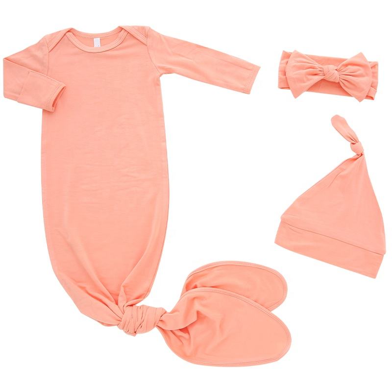 Atacado saco de dormir do bebê bambu & algodão boutique roupas manga longa noite 0-6 meses bandana chapéu presente conjunto bebês vestido