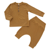 Clássico cor sólida personalizar impressão roupas de bebê adorável 2 peças manga longa pjs 100% algodão tecido bambu conjunto macacão do bebê