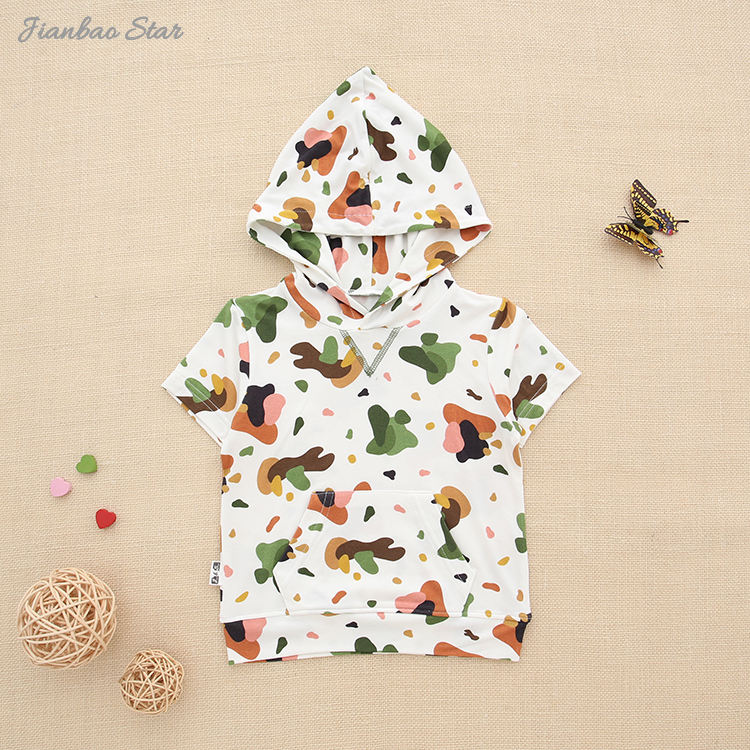 Moletom com capuz para bebês e crianças, blusa de bambu super macia de malha de verão, manga curta, design estampado, camisa de bebê