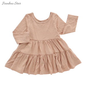Tecido de bambu cor lisa sem mangas mangas curtas e mangas compridas Uma série de bebês meninas vestido infantil estilo babado