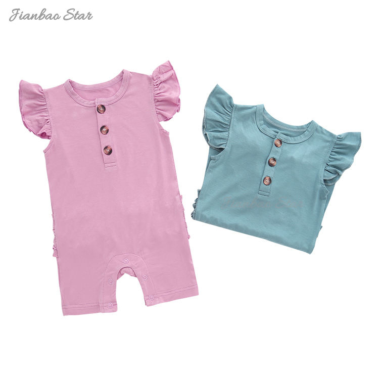 Venda quente estilo verão personalizado 100% malha orgânica babados sem mangas botões recém-nascidos vestidos da menina do bebê macacão de bebê