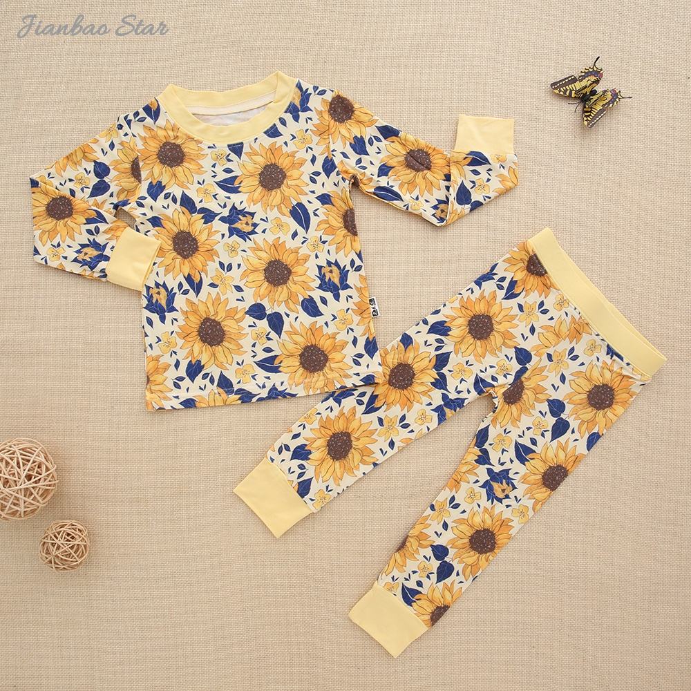 Conjunto de pijamas para bebês com designs impressos personalizados, bambu/algodão, roupas infantis, fábrica, ecológico, 2 peças, manga comprida, conjunto casual para bebês
