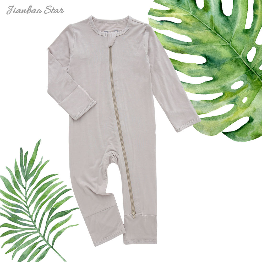 Atacado recém-nascido manga longa zíper outono inverno roupas de bebê personalizado cor sólida unisex 95% macacão de bebê de bambu