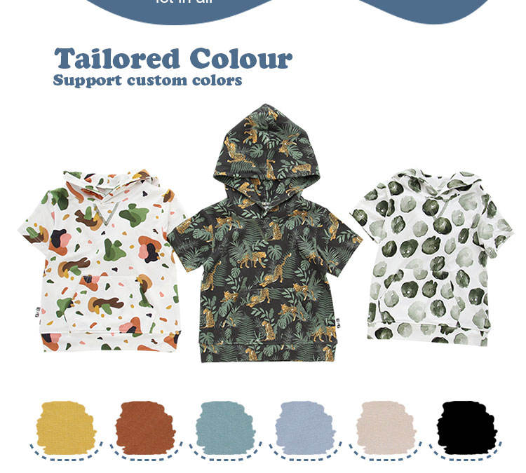 Moletom com capuz para bebês e crianças, blusa de bambu super macia de malha de verão, manga curta, design estampado, camisa de bebê