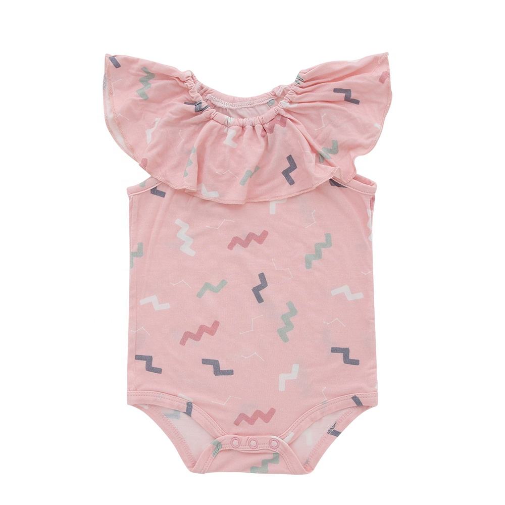 Doce estilo sem mangas bebê meninas macacão verão babado gola redonda terno do bebê roupas de fibra de bambu e elastano