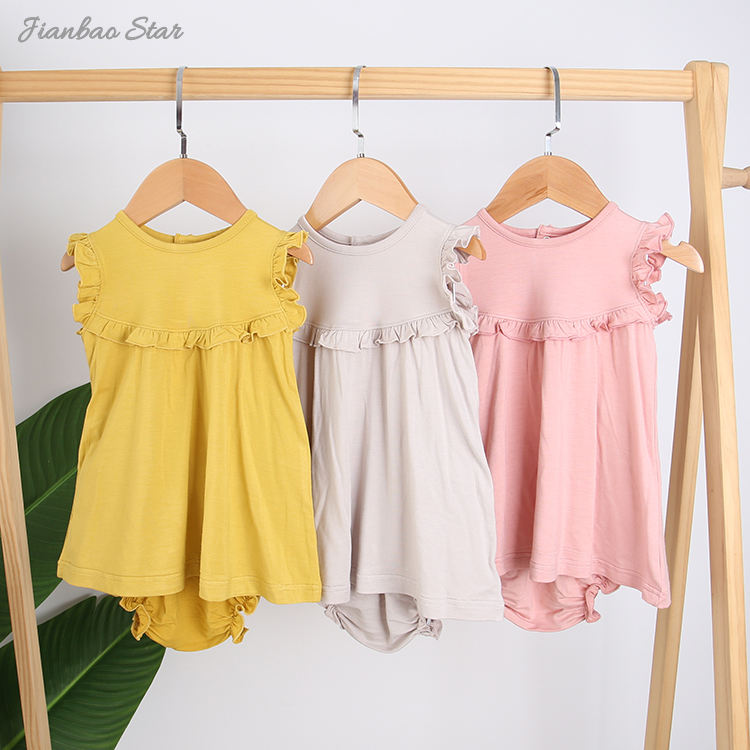 Novo lançamento estilo babado vestido de bebê conjunto com roupa interior verão meninas roupas de bambu elastano algodão saída conjunto de roupas de bebê