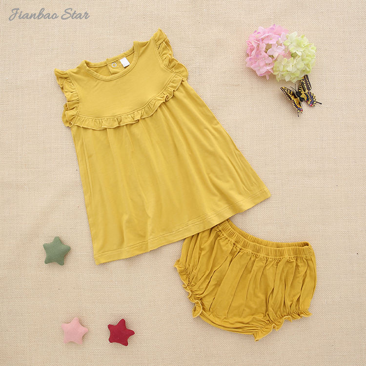 Novo lançamento estilo babado vestido de bebê conjunto com roupa interior verão meninas roupas de bambu elastano algodão saída conjunto de roupas de bebê