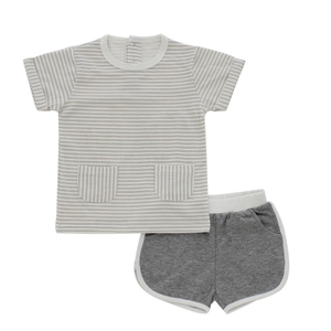 Atacado bebê estilo bolso t camisa e shorts conjunto de roupas de bambu elastano tecido algodão manga curta bebê meninas meninos roupas