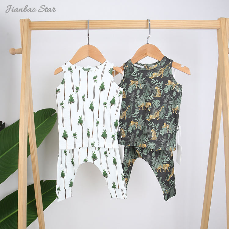 Atacado unissex macio verão crianças conjunto de roupas sem mangas pijama infantil de malha venda quente 2 pçs bebê crianças conjunto de roupas