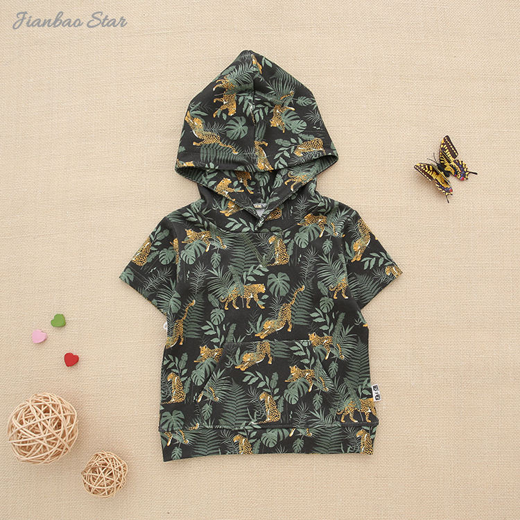 Moletom com capuz para bebês e crianças, blusa de bambu super macia de malha de verão, manga curta, design estampado, camisa de bebê