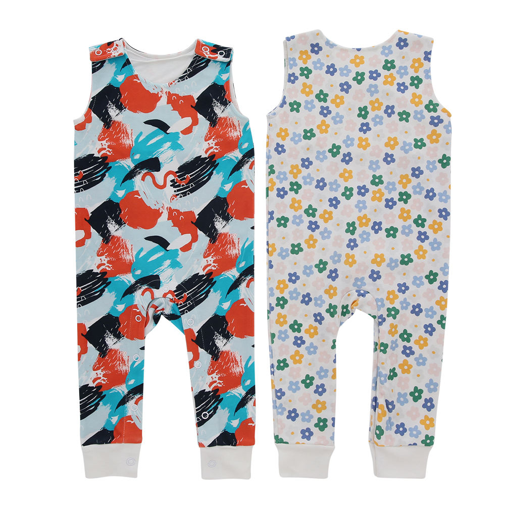 Estilo clássico roupas de bebê personalizar padrão de cor verão sem mangas suspender botão design menina meninos bebê macacão conjunto