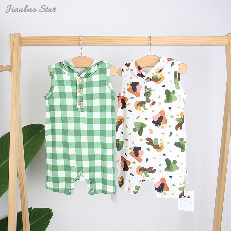 Novo design do bebê com capuz tanque shortall macacão de bambu elastano algodão macio roupas do bebê recém-nascido verão sem mangas roupas do bebê