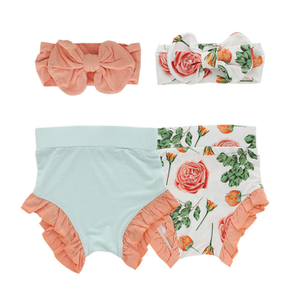 Bloomers estilo babado para meninas, com linda faixa de cabeça, estampa personalizada e design de cor sólida, shorts de verão para bebês